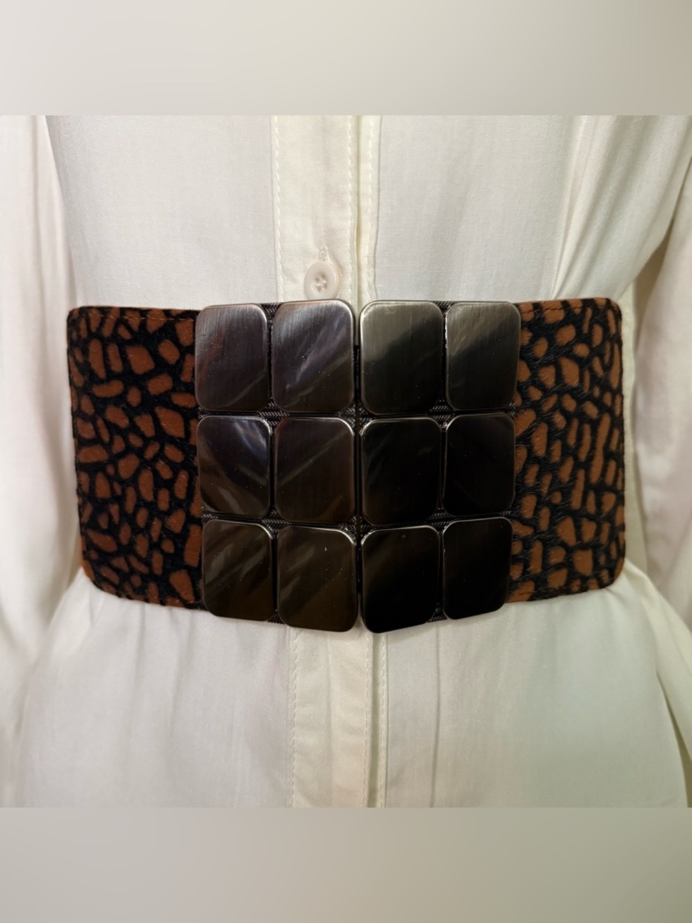 Brown black animal print PU leather elastic waistband belt hematite tone buckle